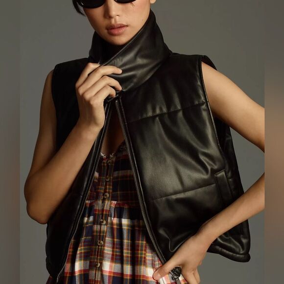 Anthropologie By Anthropologie Faux-Leather‎ Puffer Vest womens size Med black - Picture 1 of 9